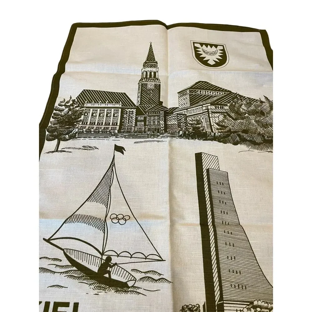 VTG New Old Stock Linen Tea Towel KIEL Germany Sailboat Architecture Landmarks
